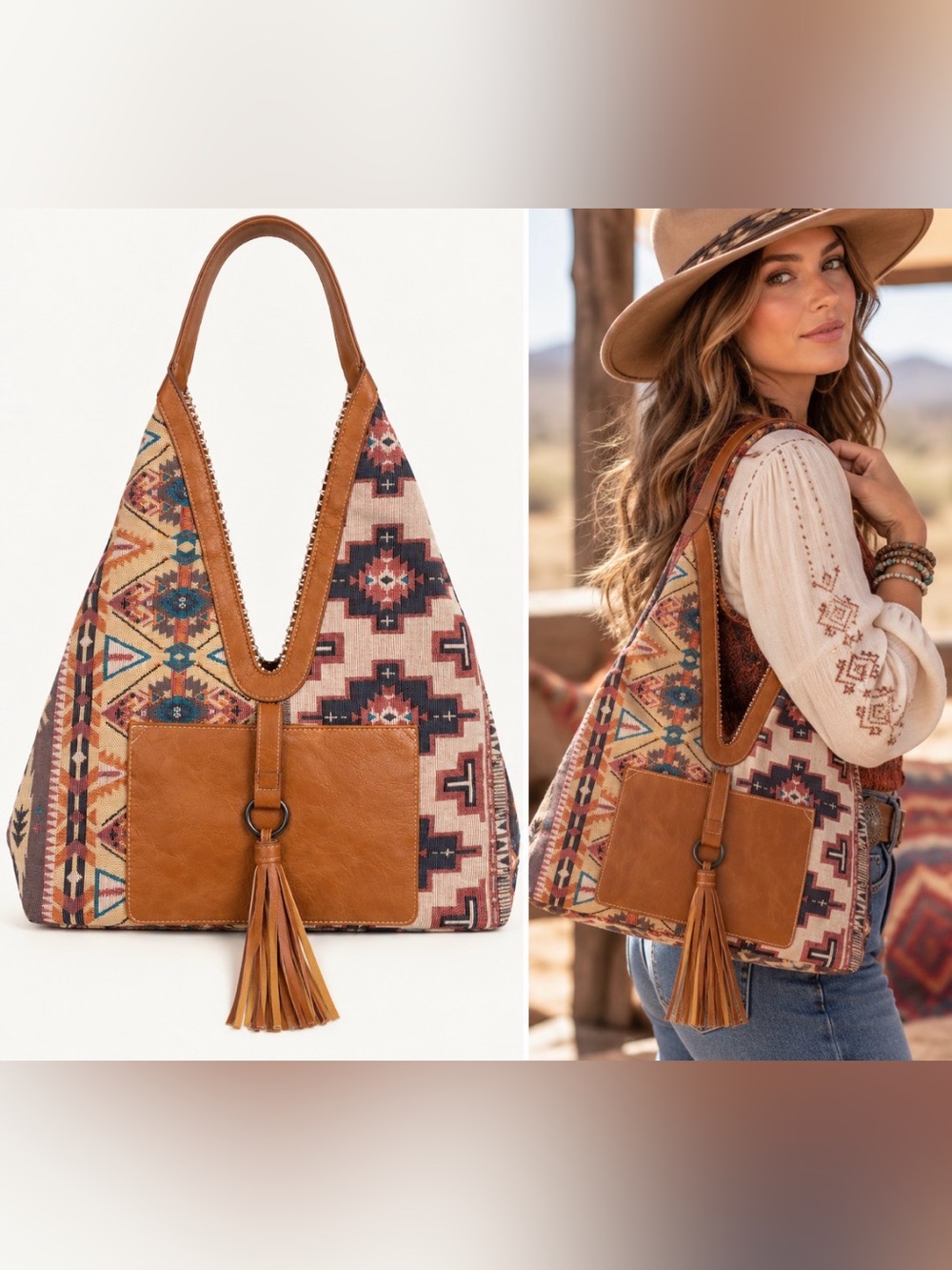 NWOT! Leather and Aztec Tapestry Hobo Bag